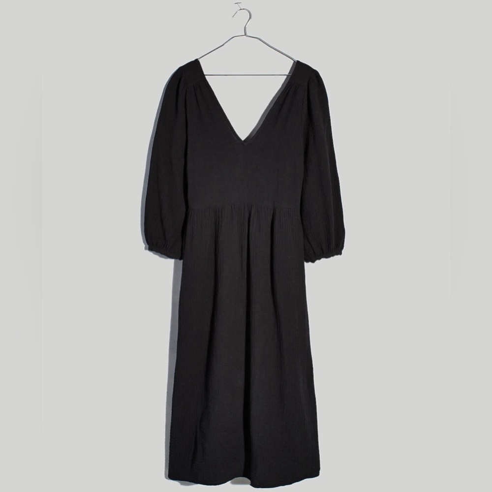 Madewell Black Midi V-Neck Puff Sleeve Dress
